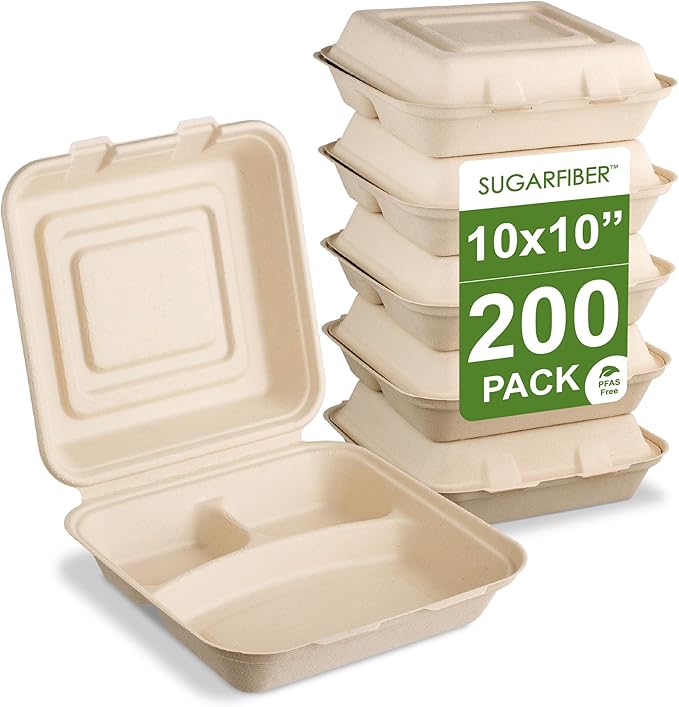 [200 COUNT]Harvest Pack PFAS FREE 10 X 10" 3 Compartment Compostable Clamshell Food Containers, Heavy-Duty Hinged Container, Disposable Bagasse Eco-Friendly Sugarcane togo Box for dinner