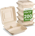 [200 COUNT]Harvest Pack PFAS FREE 10 X 10" 3 Compartment Compostable Clamshell Food Containers, Heavy-Duty Hinged Container, Disposable Bagasse Eco-Friendly Sugarcane togo Box for dinner