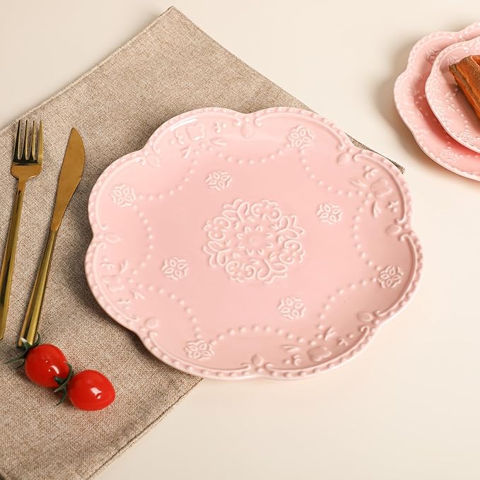 Gaolinci European Palace Series Lace Embossed Ceramic Dinner Plate (Set of 4)
