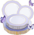 WDF 60pcs Purple Plates Disposable with Gold Rim - Baroque Light Purple Plastic Plates - Lavender Plates for Spring/Wedding/Birthday
