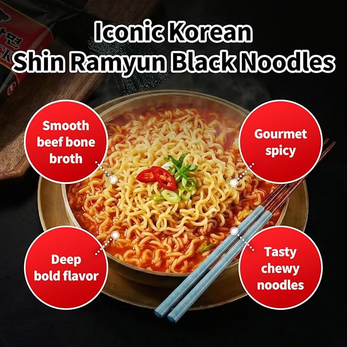 Nongshim Shin Ramyun Black Noodles, Spicy Korean Signature Instant Ramyun, Rich Beef Bone Broth, Pantry Essential Korean Noodles, Quick and Easy, 4.58 oz (Pack of 16)