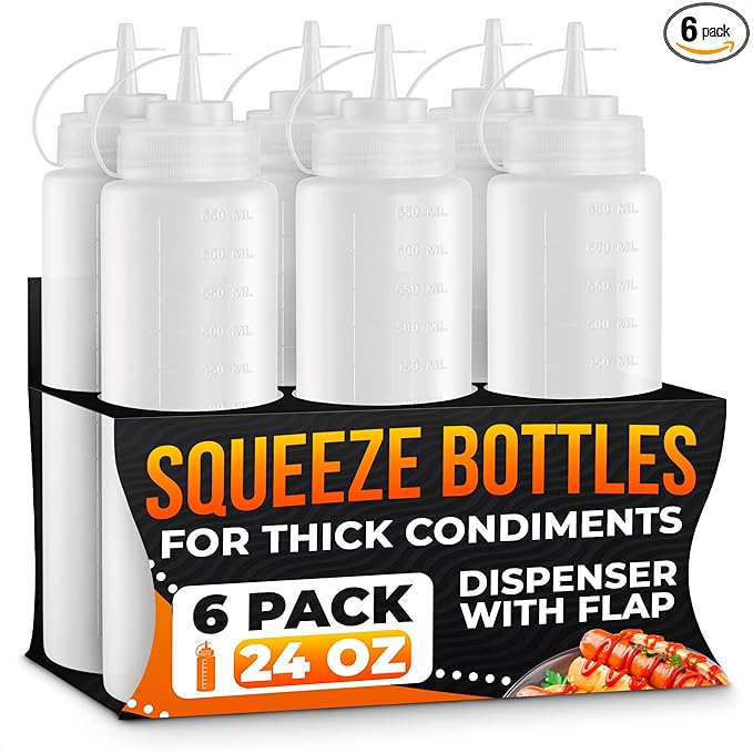 6-Pack Plastic Condiment Squeeze Bottles 24oz – Refillable Squirt Bottles with Narrow Tip, Leak-Resistant | Great for Oil, Sauces, Ketchup, Mayonnaise, Syrup, Dressing, BBQ Stations & Catering Use