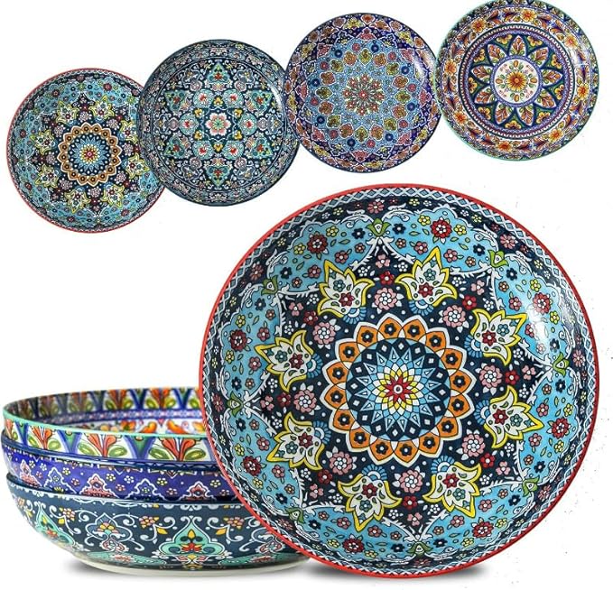 glowworm Pasta Bowls Set of 4, 42 oz Ceramic Salad Bowls for Kitchen, 9.7 Inch Colorful Serving Bowls for Soup, Dinner, Fruit, Dishwasher & Microwave Safe, Bohemian