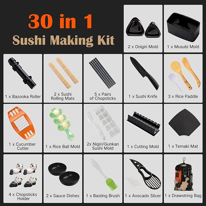 SmileTools Sushi Making Kit, 30 in 1 Sushi Kit with Sushi Roller, Sushi Maker Bazooka, Triangle Onigiri Mold, Musubi Press Mold, Rice Ball Mold & More
