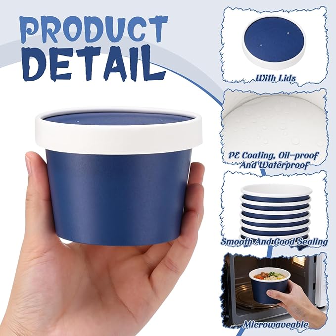 Fulmoon 100 Pack Paper Soup Containers with Lids Disposable Paper Food Containers with Vented Lid Kraft Ice Cream Cake Dessert Cups Soup Bowl for Party Hot Food Fruit Microwave(8 oz,Navy Blue)