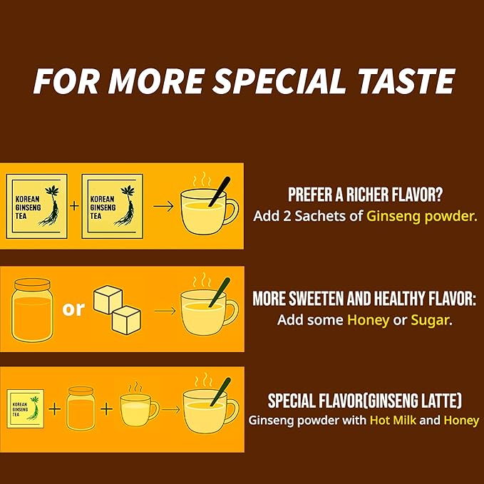 Korean Ginseng Tea - Caffeine Free, 3g Single-Serve Powder 100 Sachets, Improves Blood Circulation, Intellectual Performances and Memory, stimulates Energy