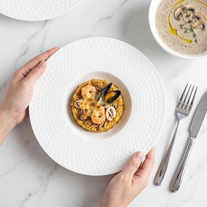Creative home decor ceramic wide-rimmed soup bowls/plates, 10.5 oz pasta bowl four-piece set, white embossed bowls and plates with rims, ideal for upscale restaurants, hotels and gourmets, 11 inches.