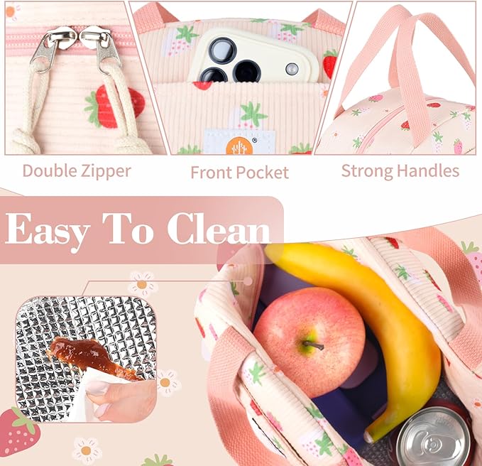 CaCTOUR Lunch Box for Women,Cute Lunch Box Cooler Bag, Portable Insulated Small Lunch Bag Women Reusable Corduroy Lunch Tote for Work/Travel/Picnic (Strawberry)
