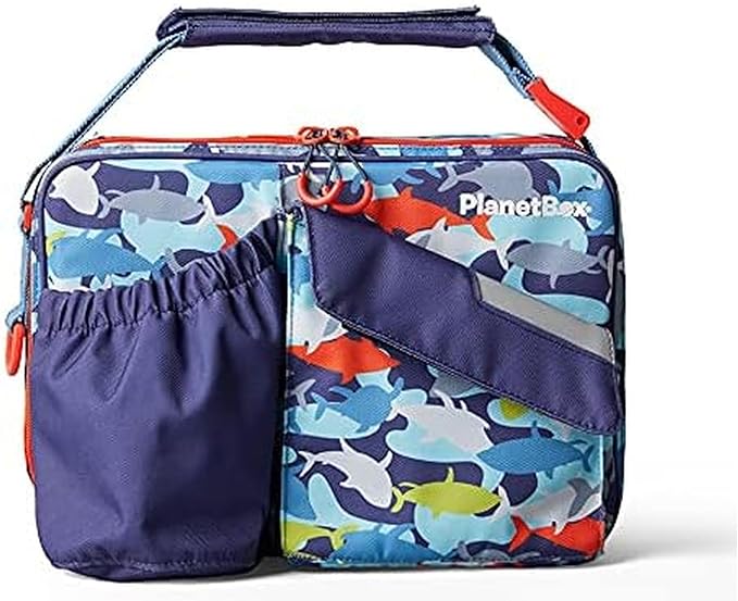 PlanetBox Insulated Lunch Bag – Camo Shark Edition Carry Bag with Pockets for Water Bottle and Snacks – Durable, Easy to Clean, and BPA Free