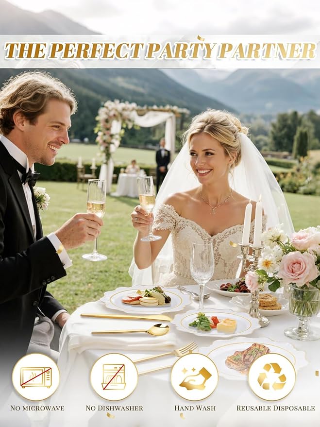 WDF 100PCS White and Gold Plastic Plates - Gold Disposable Plates - Include 50 Dinner & 50 Dessert Plate for Party - Heavy Duty Fancy Plastic Plate for Wedding/Bridal shower