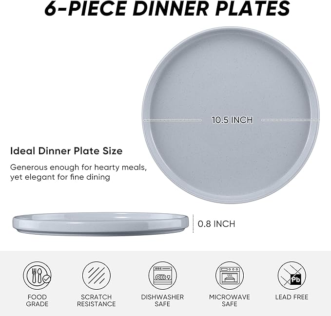 E-far Dinner Plates Set of 6, 10.5 Inch Stoneware Dinner Plate with Raised Edges, Chip & Scratch Resistant | Microwave & Dishwasher Safe Modern Ceramic Dishes for Dessert Salad, Speckled Gray