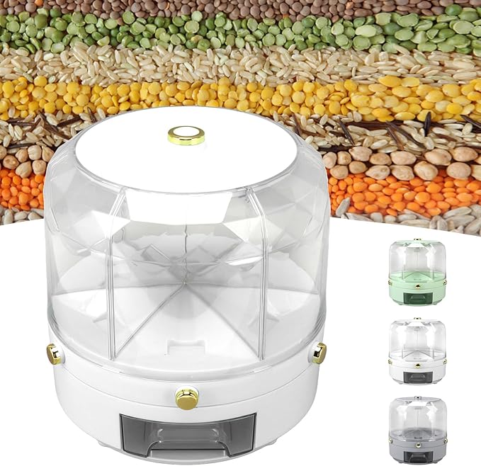 Grain Storage Container Rotatable Rice Dispenser Box 6 Grid Grain Dispenser 360 Degree Rotating Food Dispenser Cereal Dispenser Countertop for Beans Rice Grains(white)