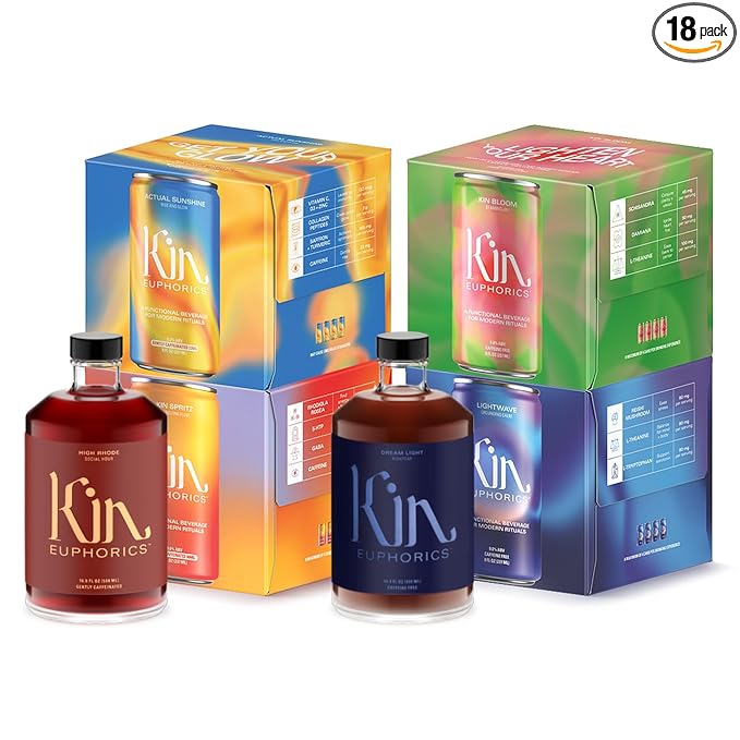 Full Kin Kit by Kin Euphorics, Non Alcoholic Spirits, Adaptogen Drinks, 16 8 Fl Oz Cans (Kin Spritz, Kin Bloom, Actual Sunshine, Lightwave), 2 x 16.9 Fl Oz Bottles (High Rhode, Dream Light)