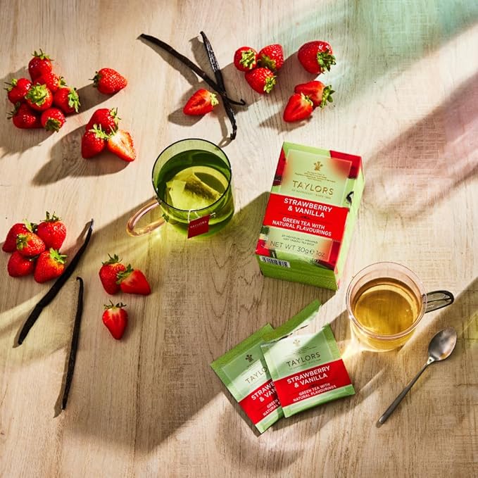 Taylors of Harrogate Strawberry & Vanilla, Green Tea, Individually Wrapped Bags, 20 Count (Pack of 1), Smooth, Juicy and Sweet, Caffeinated, Enjoy Hot or Iced, 20 Teabags