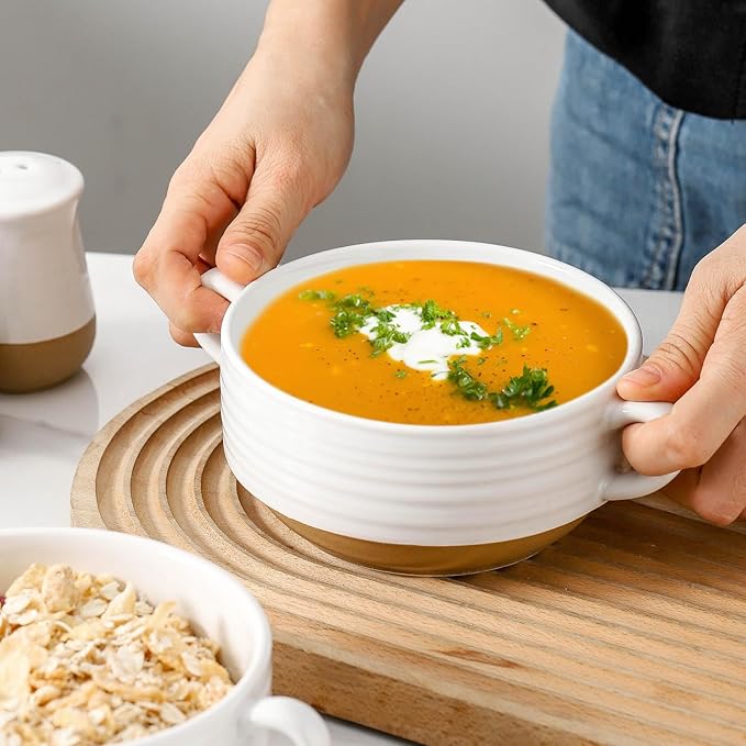 HASENSE Ceramic Soup Bowls with Handles, 24 Oz French Onion Soup Crocks Set of 4, Stackable White Serving Bowls for Stew, Chili & Cereal, Oven Microwave Dishwasher Safe, Christmas Kitchen Gift