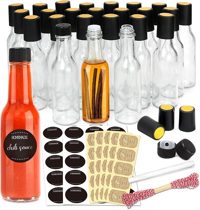 gmisun Hot Sauce Bottles 5 oz, 24 Pack Vanilla Extract Bottles with Shrink Capsules, Glass Woozy Bottle with Labels, Funnel, Caps, Dripper Inserts, for Homemade Hot Sauces, Dressing