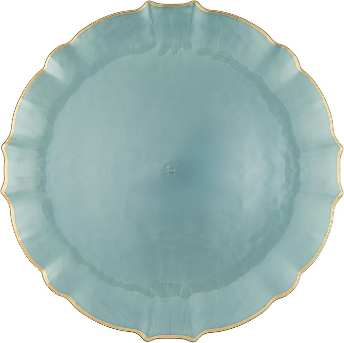 PLASTICPRO 96 Piece Aristocratic Pearl Blue Combo Plastic Dinner Plates Disposable Plastic Fancy Heavy Duty Party Dishes 48, 7'' inch and 48, 10'' inch, Pearl Blue With Gold Rim