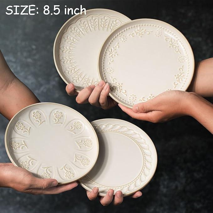 Artena Salad Plates Set Of 4, 8.5 Inch Embossed Ceramic Dinner for Appetizer Dessert, Kitchen Plates With Lipped Edges, Microwave Oven Dishwasher Safe (Willow Leaf) (Pack of 2)
