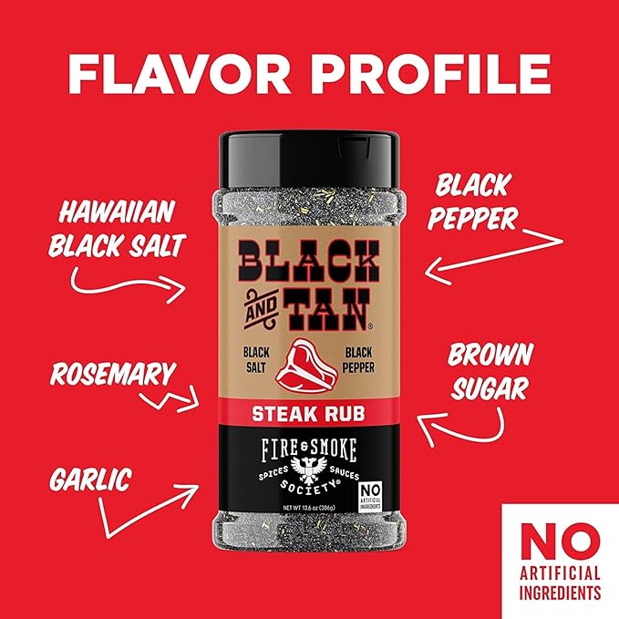 Fire & Smoke Society Black & Tan Steak Seasoning | XL 13.6 oz | Steak Rub for Smoking and Grilling Meat | Steaks, Brisket, Burgers Dry BBQ Rubs and Spices