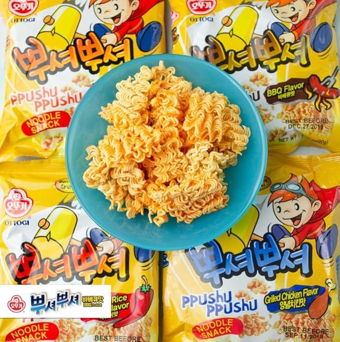 [OTTOGI] Ppushu Ppushu Korean Ramen Snack Variety Pack, Crush to Eat Noodle,BBQ, Bulgogi, Grilled Chicken, Spicy Rice Cake Flavors, 3.17oz (90g) x 8 Pack,Crunch & Shake Noodle Snack