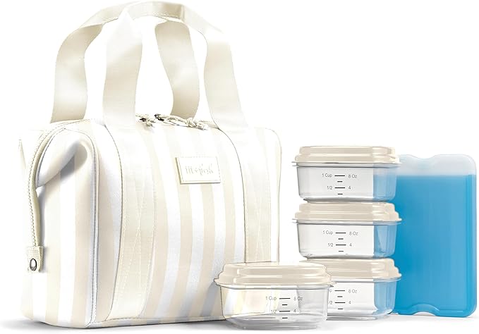 Fit & Fresh Remi Lunch Bag for Women Work – Neoprene Lunch Tote with Containers & Ice Pack, Reusable Meal Prep Lunch Box, Large Capacity, Machine Washable, Ivory Stripe