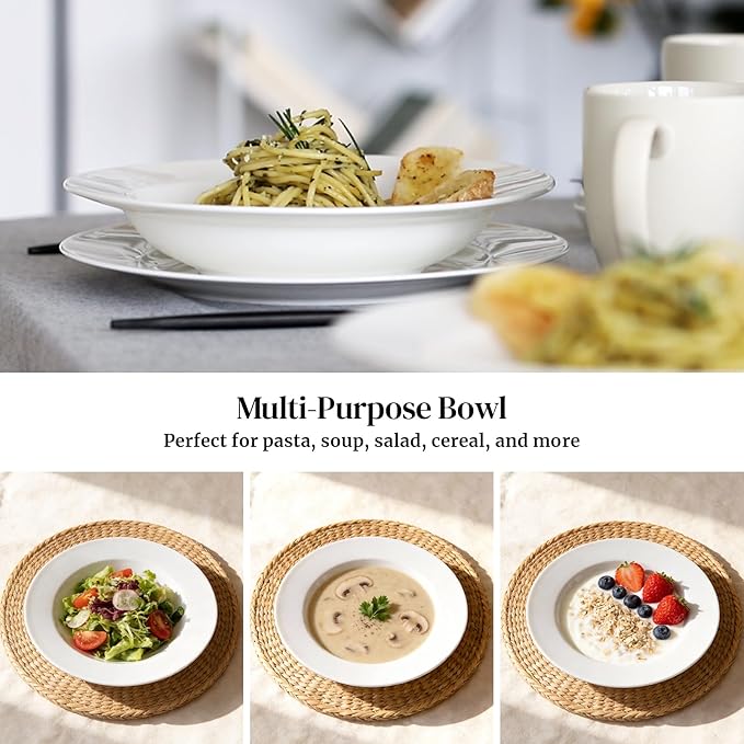 DOWAN Soup and Pasta Bowls Set of 4, White Porcelain Wide Rim Salad Plates, 8 Ounces Pasta Plate, Microwave & Dishwasher Safe