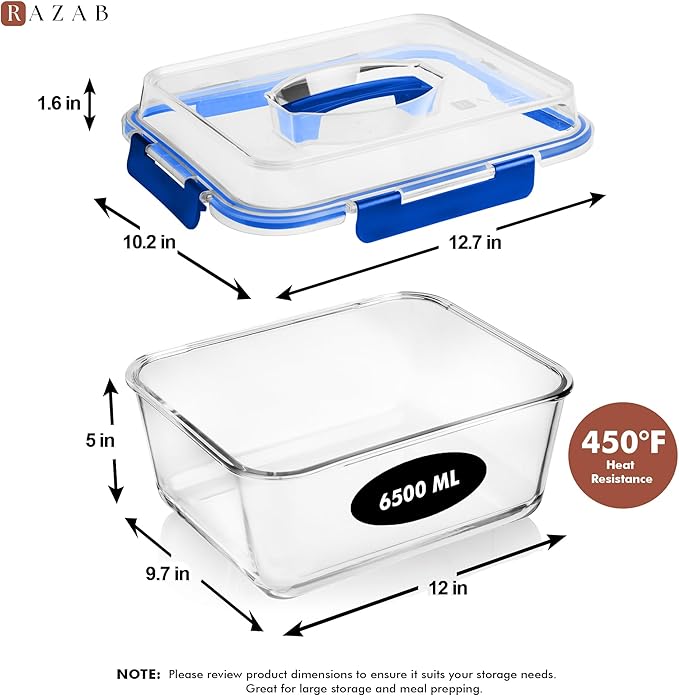 Razab 6500ml / 220 Oz / 28 Cups Extra Large Glass Food Storage Containers with Lids - Leakproof Glass Meal Prep Containers with Locking Lids for Roasting & Storing Leftover - Microwave & Oven Safe