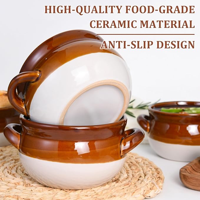 Vumdua French Onion Soup Bowls with Handles, 28 oz Ceramic Soup Crocks Oven Proof Soup Bowls for Chilli, Cereal, Pot Pies - French Onion Soup Crocks, Oven, Broil & Dishwasher Safe, Set of 4