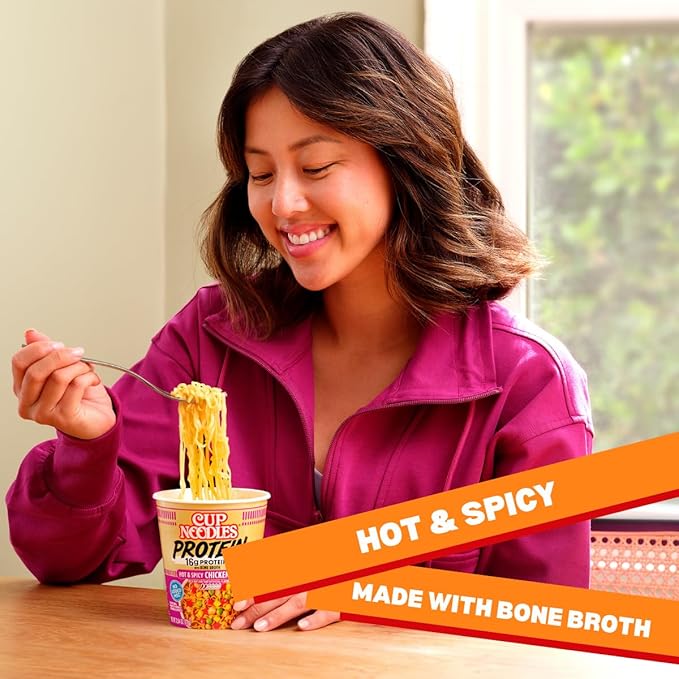 Nissin Cup Noodles Protein Ramen, Chicken Flavor Spicy Ramen with Bone Broth, 16g Protein, 2.54 Ounce Cup (Pack of 6)