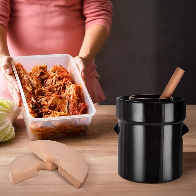 Fermentation Crock 2 Liter / 0.5 Gallon, Sauerkraut Crock with Lid, Weights & Pounder - Ceramic Fermenting Crock Kit for Pickling Cabbage Kimchi Pickle Vegetables- Sauerkraut Fermentation Crock.