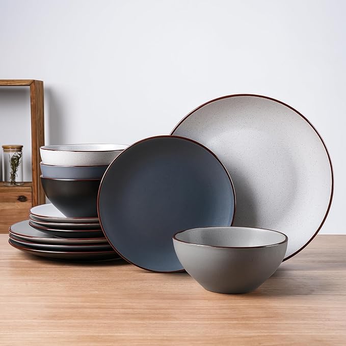 Famiware Venus Plates and Bowls Sets with Trim, 12 Pieces Speckled Stoneware Dinnerware Set for 4, Matte Multicolor - Microwave & Dishwasher Safe Dish Set, Modern Minimalist, Everyday & Formal Dining