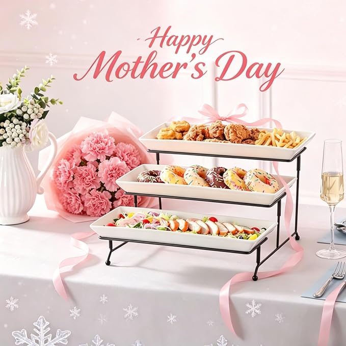 MALACASA 3 Tier Serving Tray, Porcelain Tiered Cupcake Stand, Ceramic Elevated Serving Platter with Collapsible Sturdier Rack,Series PLAT (White, 14 Inch)