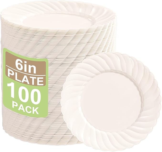U-QE 100 Count 6 Inch Ivory Plastic Plates - Scalloped Dessert Plates Disposable - Premium Fancy Disposable Heavy Duty Party Supplies for Party, Celebrations, Weddings and Events