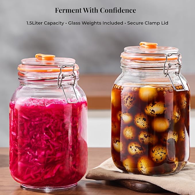 1.5L Wide Mouth Fermentation Jars, Pack of 2 with Airlocks & Glass Weights, Complete Fermenting Kit for Sauerkraut, Kimchi & Pickles