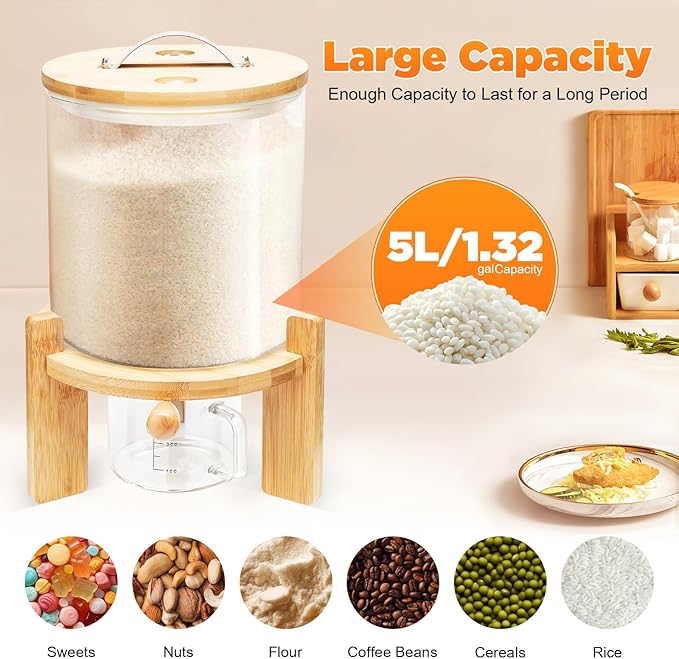 5L Glass Rice Dispenser with Wooden Stand, 1.32 Gal Flour Storage Container, Grain Storage-Bucket Tabletop Cereal Containers w/Manual Venting Valve,Thermometer, Lid, Measuring Cup ﻿ (5L, 1.32Gal)