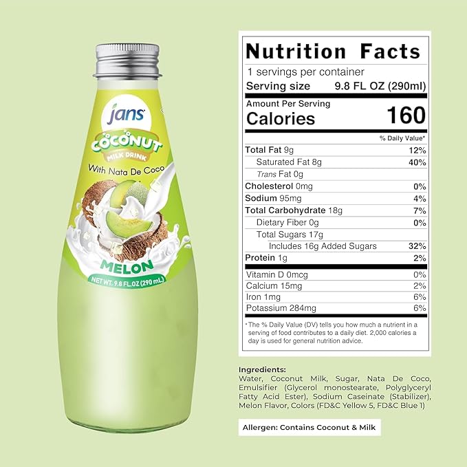 JANS - COCONUT MILK DRINK (with NATA DE COCO) MELON 9.8 OZ (Pack of 12, Melon)