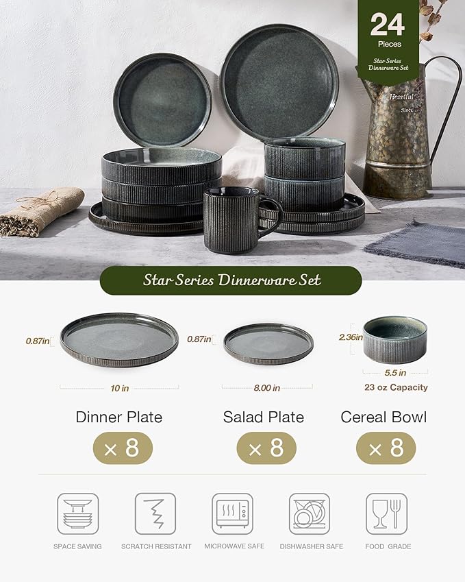 Famiware Star 24-Piece Plates and Bowls Set with Trim, Service for 8 - Stoneware Reactive Glaze Dinnerware, High Edge Ribbed Dishes, Chip & Scratch Resistant, Microwave & Dishwasher Safe, Deep Forest