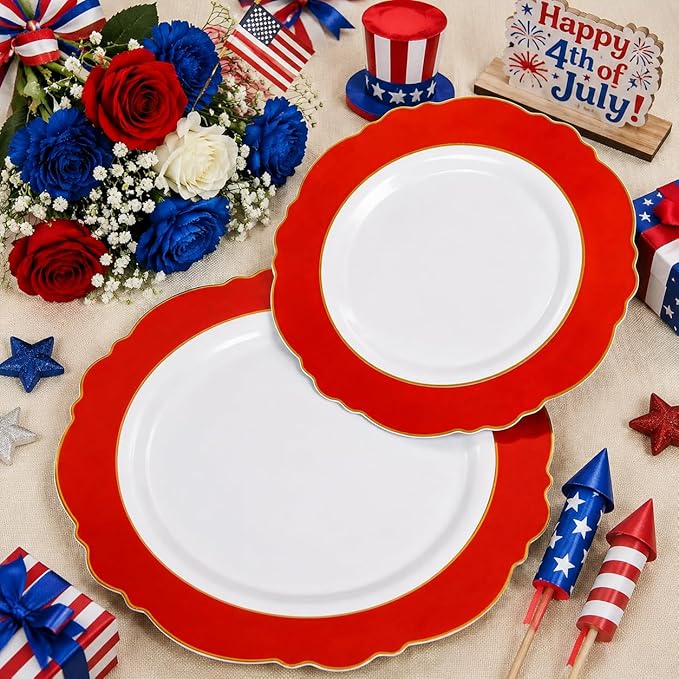 WDF 60pcs Red Plastic Plates Disposable - 7.5inch Heavy Duty Red Dessert/Salad/Cake Plates for Wedding Party Birthday/Memorial Day/4th of July