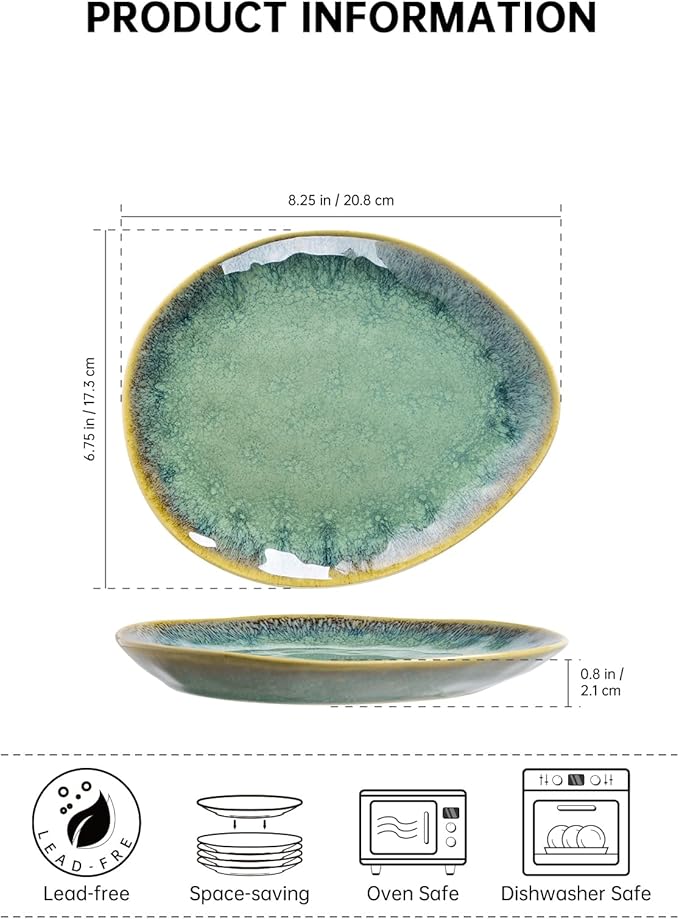 Henten Home Ceramic Appetizer Plate Set, 6.75 Inch Dessert Plates, Reactive Glaze Serving Plates for Snack, Sushi, Set of 4, Microwave & Dishwasher Safe (Green)