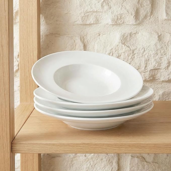 Pasta Plates with Rim 6.8 oz, Soup Bowl Pasta Bowl Set of 4, White Shallow Bowl Plate, Ceramic Wide Rimmed Soup Bowl, Best choice for high-end restaurants, hotels, and foodies, 9.2 Inch