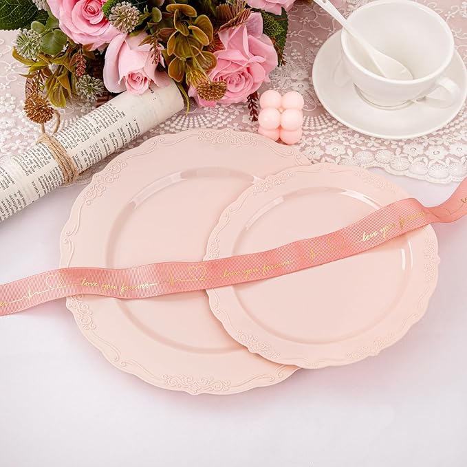 U-QE 100PCS Mauve Pink Plastic Plates - Heavy Duty Pink Disposable Plates for Mothers Day, Party, Baby Shower, Wedding - Serving 50 Guests Include 50PCS 10'' Dinner Plates & 50PCS 7.5'' Dessert Plates