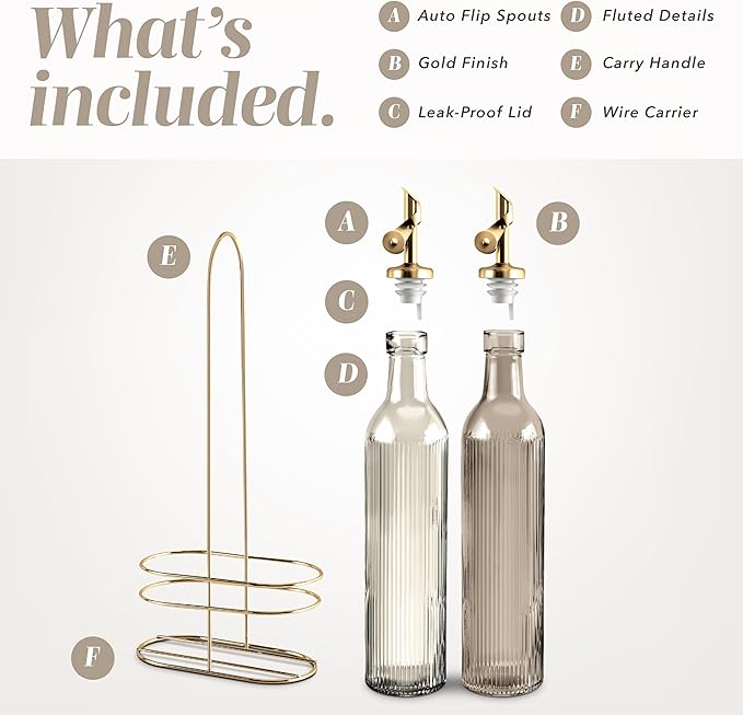 COOK WITH COLOR Glass Olive Oil Bottle Dispenser - 2 Pack- 17oz Oil and Vinegar Cruet - Olive Oil Carafe Decanter for Kitchen, Fluted, Brown