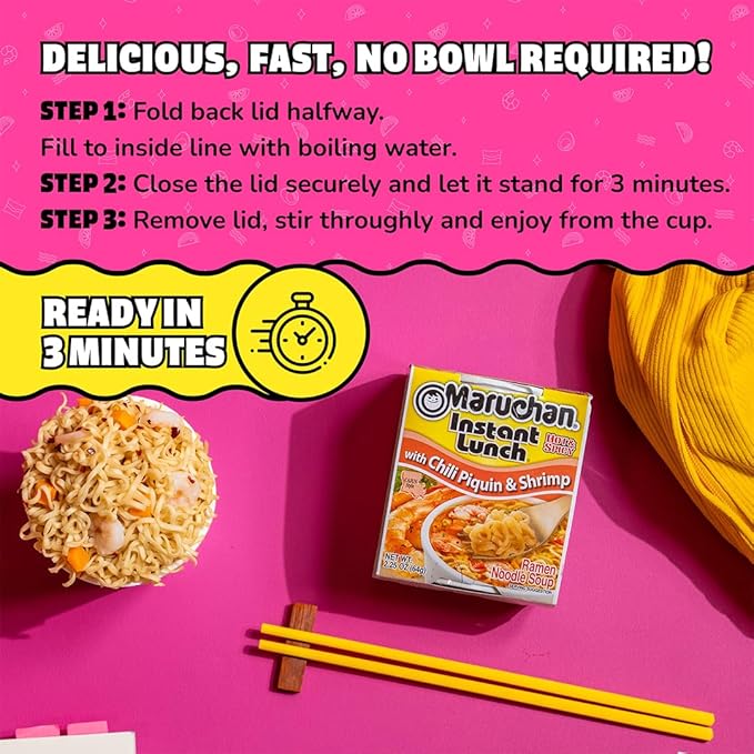 Maruchan Instant Lunch Ramen Noodles, Chili Piquin & Shrimp – Japanese-Style Instant Noodle Soup, Easy Meal Ready in 3 Minutes – 2.25 Oz. (12 Pack)