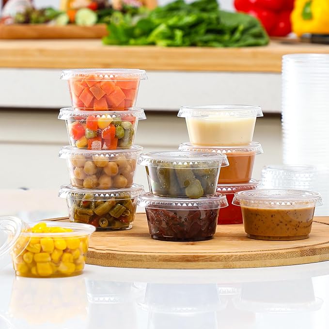 AOZITA 60 Sets - 2 oz Jello Shot Cups, Portion Cups With Lids, Small Plastic Containers with Lids, Airtight and Stackable Souffle Cups