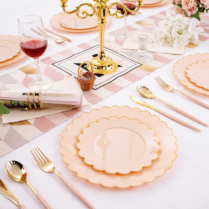 LIYH 60 Pcs Pink Plastic Plates with Gold Pink Plates Disposable Plate Set Includes 30 Dinner 10.25" and 30 Dessert Plate 7.5" for Baby Shower,Weddings,Parties,Birthday