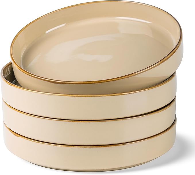 GBhome 9'' Large Ceramic Pasta Bowls, 32oz Stoneware Pasta Serving Bowls Set of 4 for Kitchen, Wide Bowls for Fruit,Pasta,Salad,Oatmeal,Meal, Microwave Safe, Reactive Glaze-Warm Sand