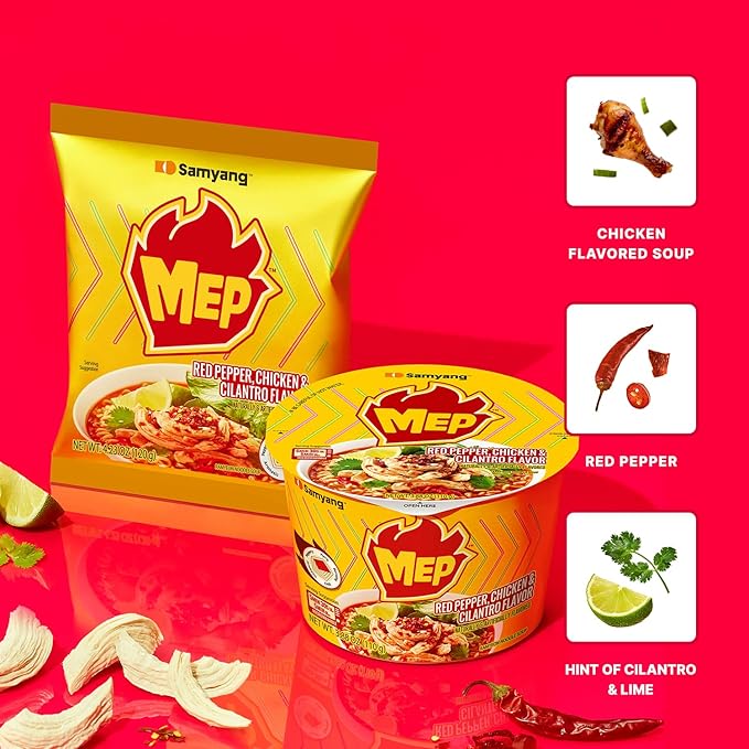 Samyang MEP Chicken Cilantro Ramen, Spicy Korean Instant Bowl Noodle Soup, Savory Bone Broth Ramyeon, Lime Freshness, 3.88 oz (Pack of 6 Bowls)