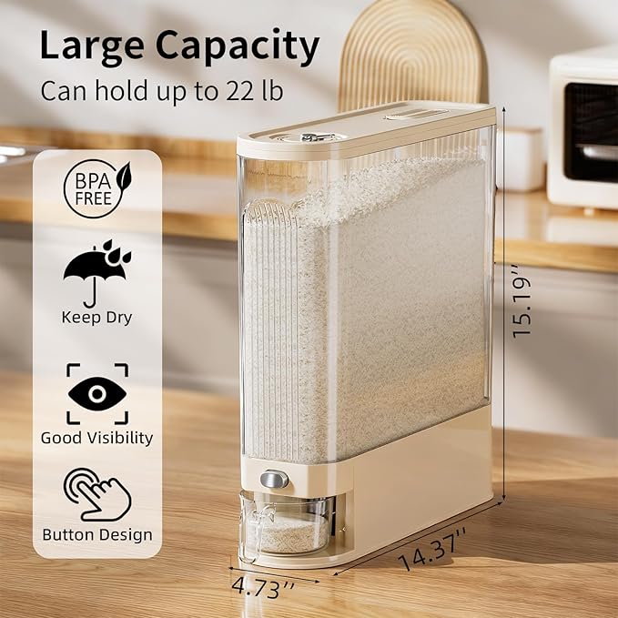 Rice Bucket, 22 lb. Multigrain Can, Visually Sealed Moisture-Proof Rice Storage Container with Measuring Cup, Large Bore Food Grade Grain Dispenser, BPA Free rice dispenser