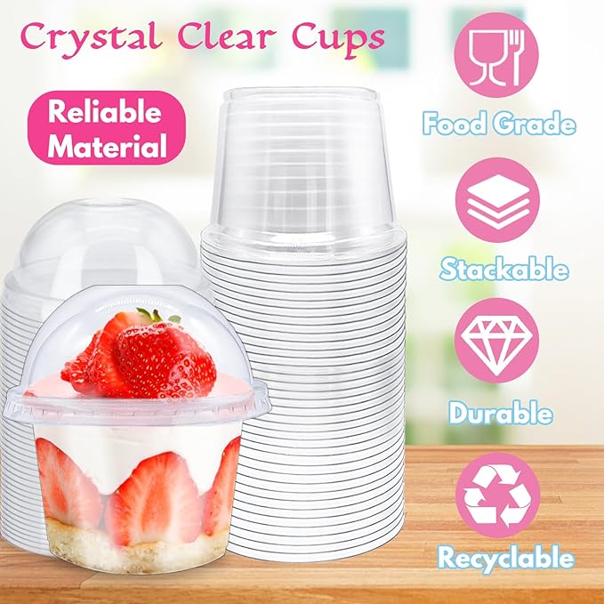 Alaeseje 100 Pack 8oz Disposable Clear Plastic Cups with Dome Lids(Hole in the Lid),PET Dessert Cups,Disposable Snack Bowls for Ice Cream,Cake,Fruit,Parfait, Pudding and Jello Shot