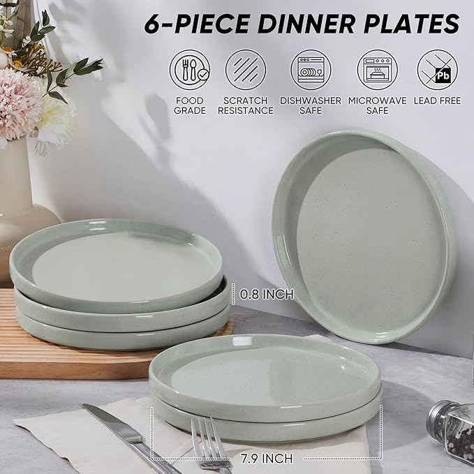 E-far 7.9 Inch Ceramic Dinner Plates, 6-Piece Stoneware Salad Plates with Raised Edges, Chip & Scratch Resistant | Microwave & Dishwasher Safe Dessert Dishes for Appetizer Salad, Speckled Green